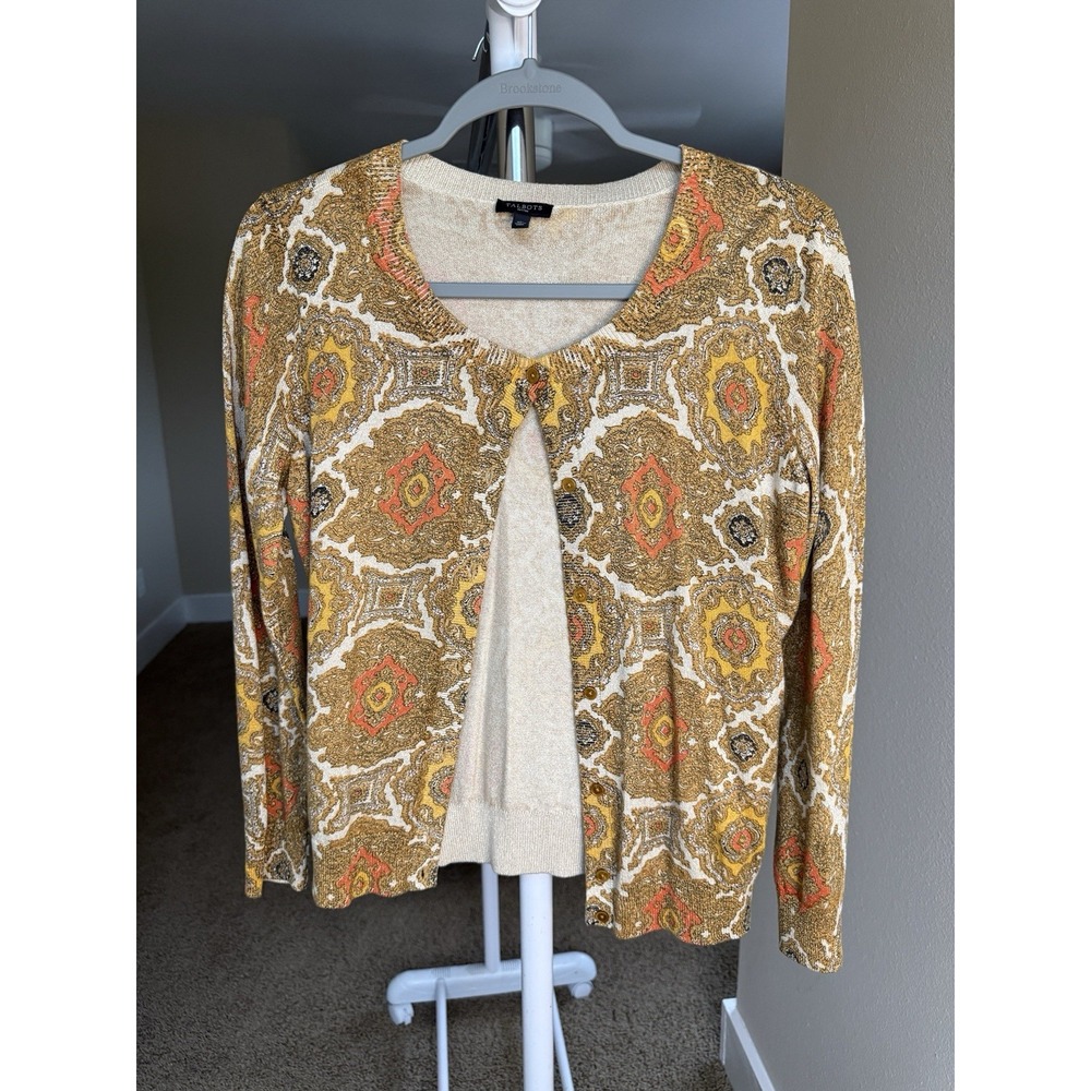Talbots Petite Gold Metallic Paisley Cardigan Sweater Size M/P - Picture 2 of 8